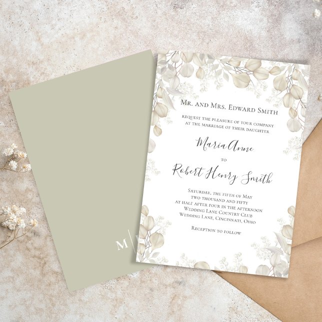 Convite Sage Green Elegant Wedding Formal (Simple and elegant sage green and cream foliage wedding invitation.)