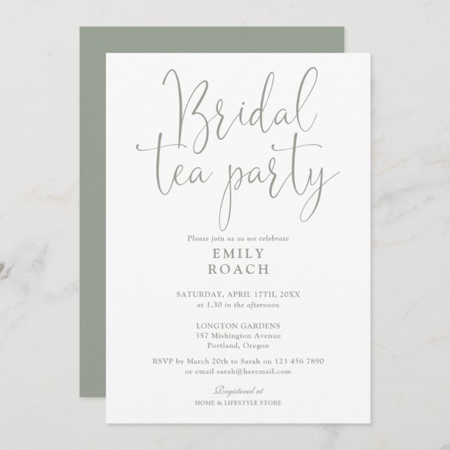 Convite Sage Green Elegante Script Bridal Tea Party Chá (Frente/Verso)