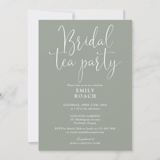 Convite Sage Green Elegante Script Bridal Tea Party Chá (Frente)