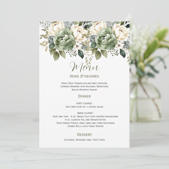 Convite Sage Green Eucalyptus Floral Wedding | Menu (Em pé/Frente)