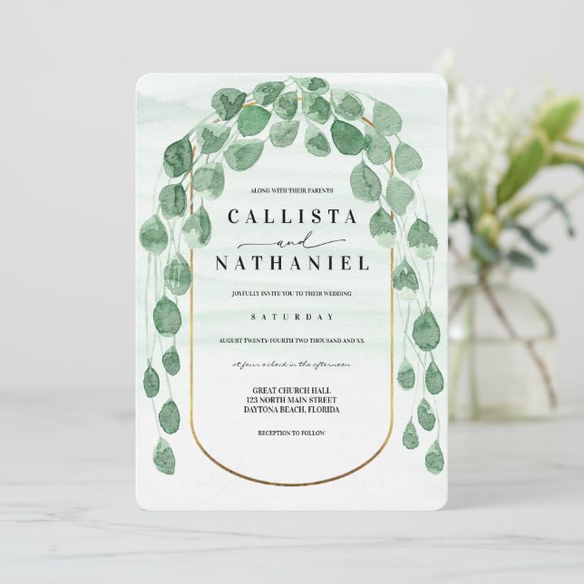Convite Sage Green Eucalyptus Garland Dourada Casamento Ov (Em pé/Frente)