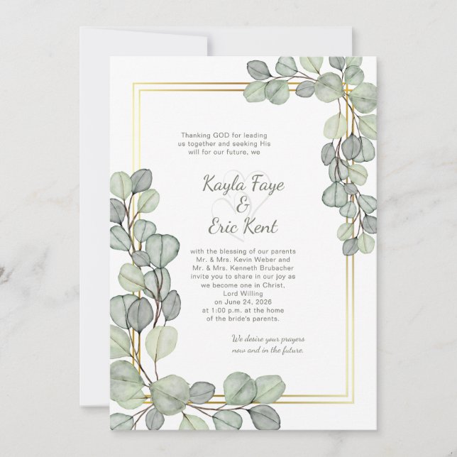 Convite Sage Green Eucalyptus Gold Frame Wedding (Frente)