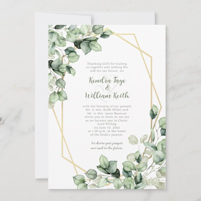 Convite Sage Green Eucalyptus Gold Geometric Wedding (Frente)