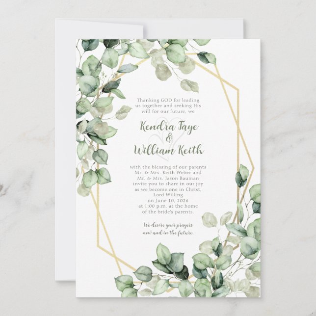 Convite Sage Green Eucalyptus Gold Geometric Wedding (Frente)