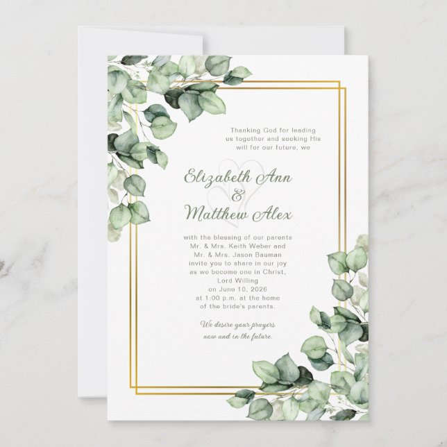 Convite Sage Green Eucalyptus Greenery Gold Frame Wedding (Frente)