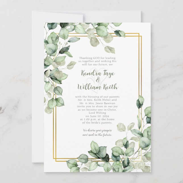 Convite Sage Green Eucalyptus Leaves Gold Frame Wedding (Frente)