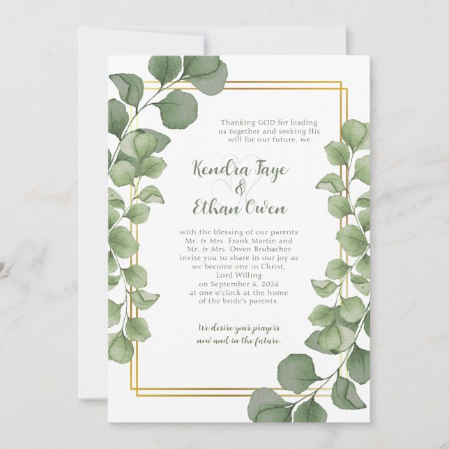 Convite Sage Green Eucalyptus Leaves Gold Frame Wedding (Frente)