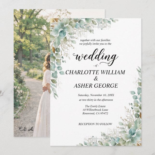 Convite Sage Green Eucalyptus Photo Wedding Invitation  (Frente/Verso)