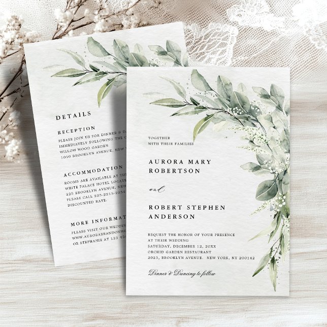 Convite Sage Green Eucalyptus Todos em Um Casamento Detalh (Sage Green Eucalyptus Minimalist All in One Detail Wedding Invitation)
