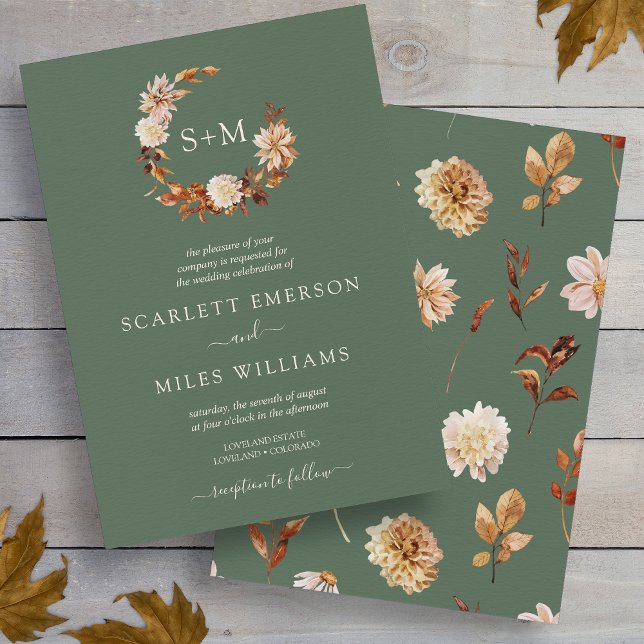 Convite Sage Green Fall Terracotta Monograma Wreath Casame (Sage Green Fall Terracotta Monogram Wreath Wedding Invitation
)