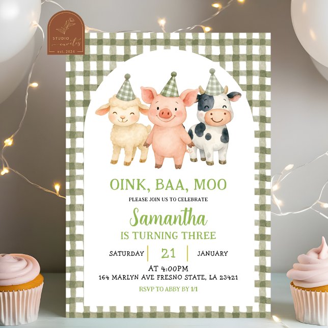 Convite Sage Green Farm Party Gingham Birthday (Criador carregado)