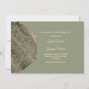Convite Sage Green Faux Dourado Casamento Étnico Clássico