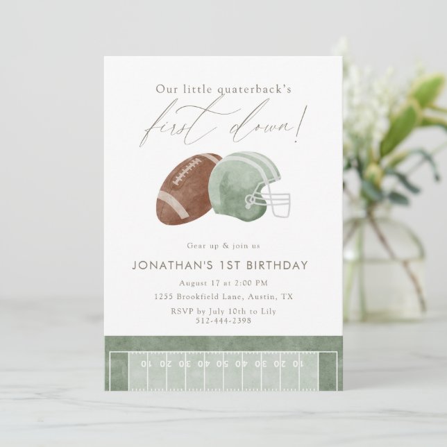 Convite Sage Green First Down Football First Birthday (Em pé/Frente)