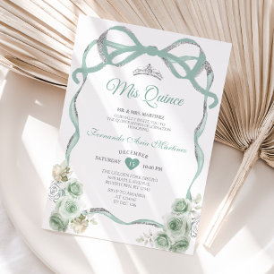 Convite Sage Green Floral Arco Fita Silver Mis Quince