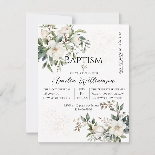 Convite Sage Green Floral Baptism (Frente)