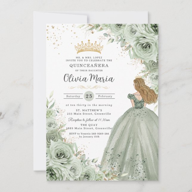 Convite Sage Green Floral Blona Princesa Quinceañera (Frente)