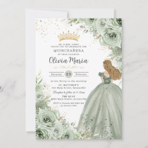 Convite Sage Green Floral Blona Princesa Quinceañera