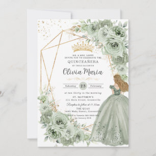 Convite Sage Green Floral Blona Princesa Quinceañera Doura