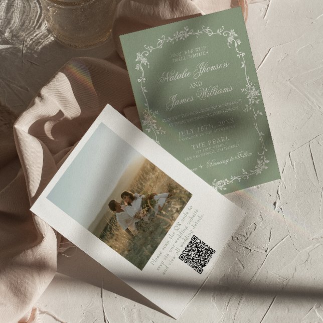 Convite Sage Green Floral Boho Chic Photo QR Code Wedding (Criador carregado)