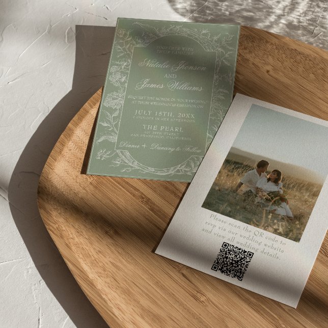 Convite  Sage Green Floral Boho QR Code Photo Wedding (Criador carregado)
