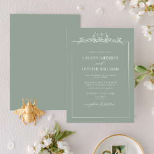 Convite Sage Green Floral Border Monograma Weding