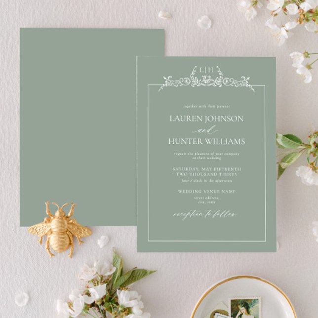 Convite Sage Green Floral Border Monograma Weding (Criador carregado)