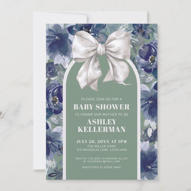 Convite Sage Green Floral Bow Baby Shower (Frente)