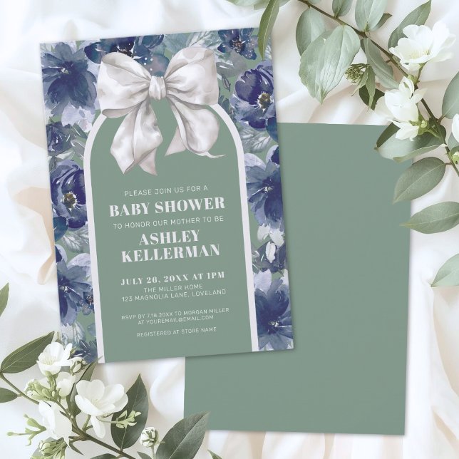 Convite Sage Green Floral Bow Baby Shower (Sage Green Floral Bow Baby Shower Invitation)