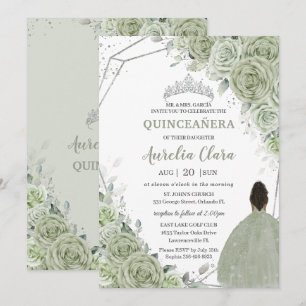 Convite Sage Green Floral Brown Girl Silver 15 Quinceañera