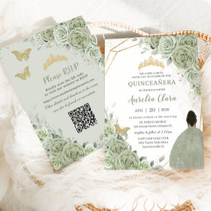Convite Sage Green Floral Brown Princesa Quinceañera QR