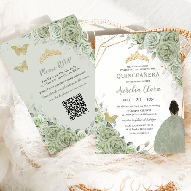 Convite Sage Green Floral Brown Princesa Quinceañera QR (Criador carregado)