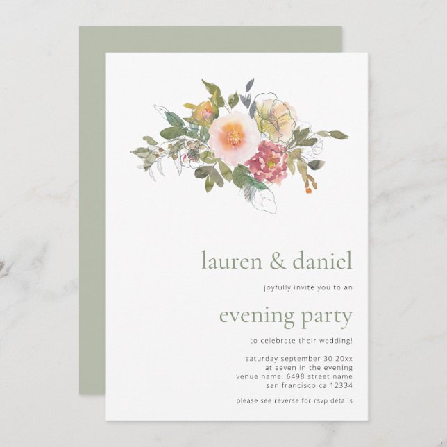 Convite Sage Green Floral Buquê QR Partido da Noite de Cas (Frente/Verso)
