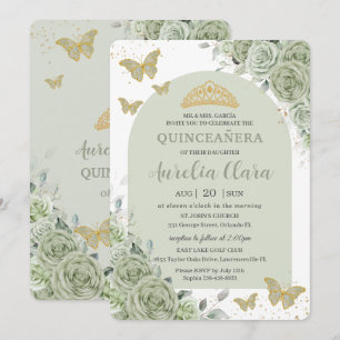 Convite Sage Green Floral Butterflies Arca Quinceanera