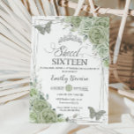 Convite Sage Green Floral Butterflies Prata Doce Dezesseis<br><div class="desc">Este doce 16 Aniversário apresenta uma imagem geométrica de cinzas prateadas adornada pela delicada cor d'água verde floral, verde de sábio macio e borboletas de sábio e prata. Personalize-o com seus detalhes de forma fácil e rápida, basta pressionar o botão personalizar para reorganizar e formatar o estilo e a colocação...</div>