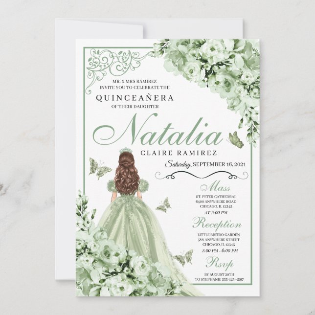 Convite Sage Green Floral Butterflies Quinceanera (Frente)