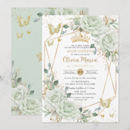 Convite Sage Green Floral Butterflies Quinceañera Quince