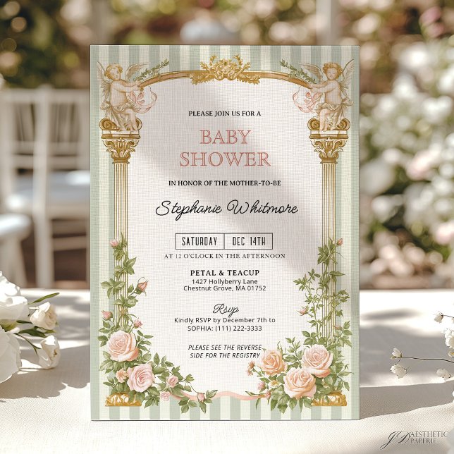 Convite Sage Green Floral Cherub Baby Shower  (Criador carregado)