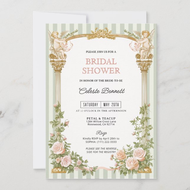 Convite Sage Green Floral Cherub Bridal Shower  (Frente)