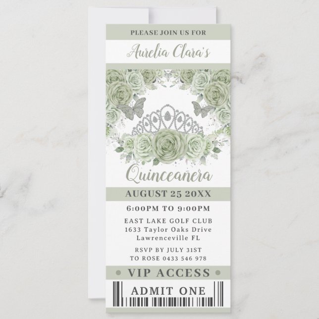 Convite Sage Green Floral Crown Quinceañera VIP Ticket (Frente)