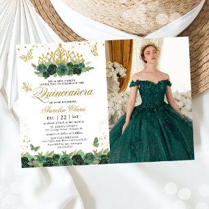 Convite Sage Green Floral Douradas Borboletas Quinceañera