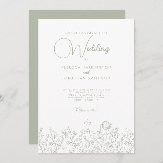 Convite Sage Green Floral Elegant Wildflower Wedding (Frente/Verso)