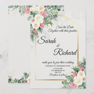 Convite Sage Green Floral Gold Arch Wedding Invitation