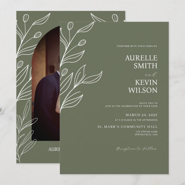 Convite Sage Green Floral Modern Minimalist Wedding (Frente/Verso)