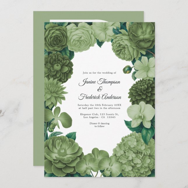 Convite Sage Green Floral Photo and QR Code Wedding (Frente/Verso)
