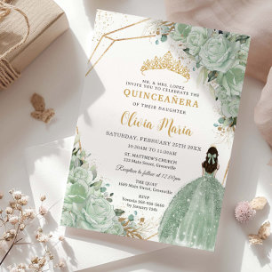 Convite Sage Green Floral Princesa Vestida Dourada Quincea