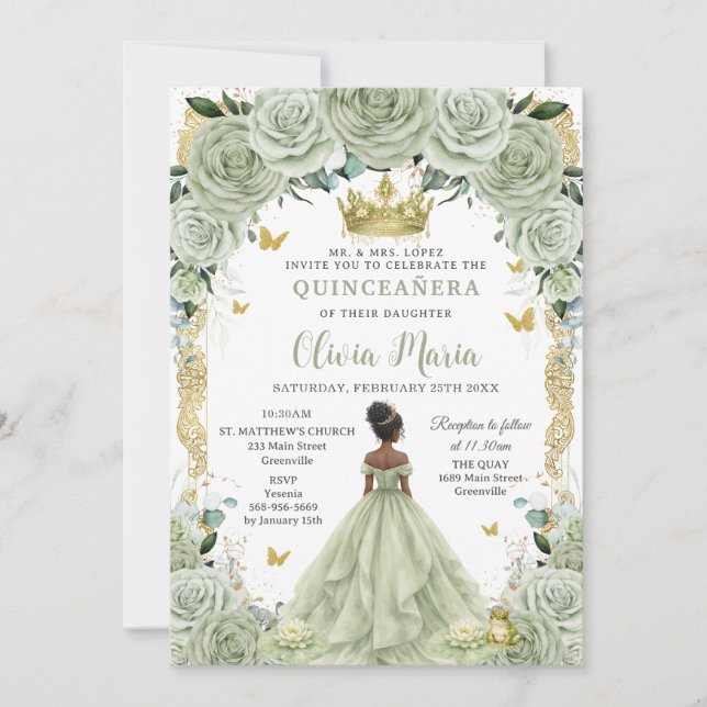 Convite Sage Green Floral Princess and Frog Quinceañera  (Frente)