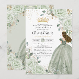 Convite Sage Green Floral Princess Gown Quinceañera Quince