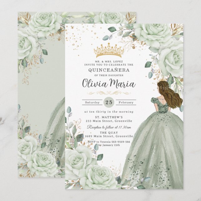 Convite Sage Green Floral Princess Gown Quinceañera Quince (Frente/Verso)