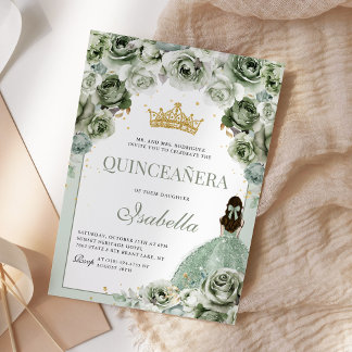 Convite Sage Green Floral Quinceanera Mis Quince Anos