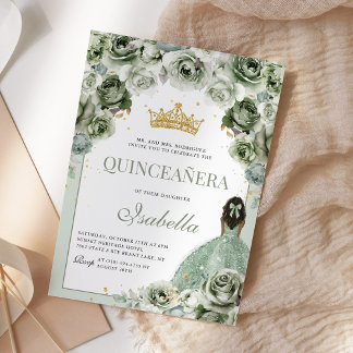 Convite Sage Green Floral Quinceanera Mis Quince Anos
